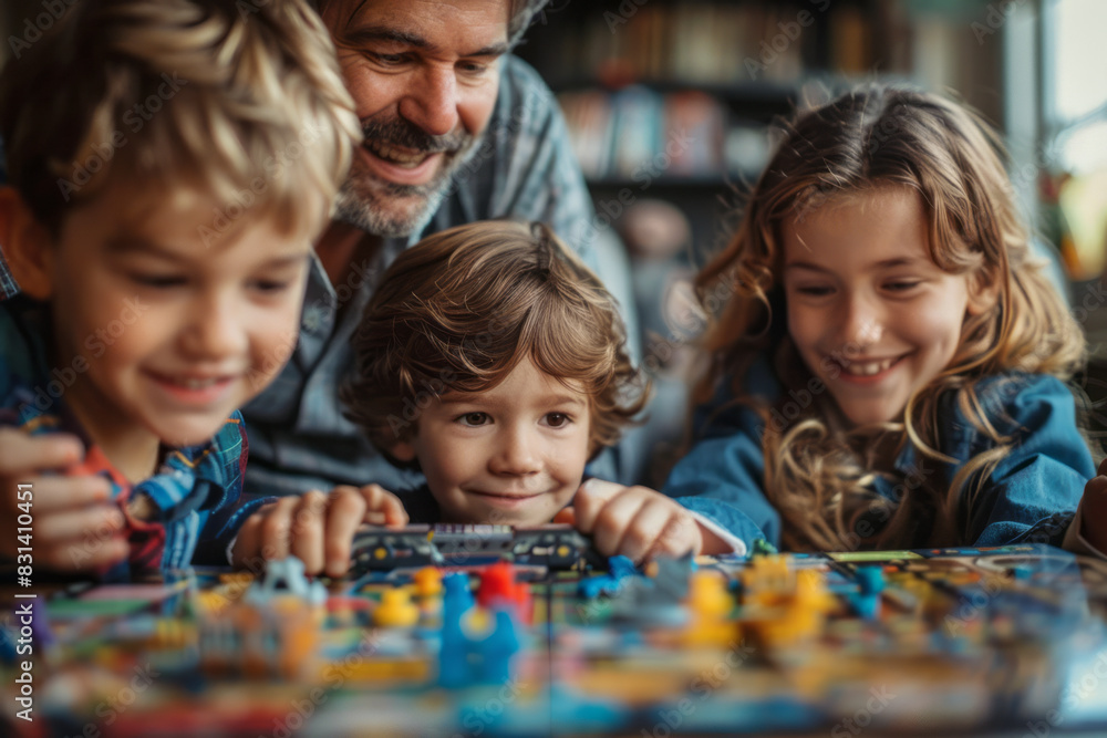 A family with children playing board games on a train table while parents watch and smile,