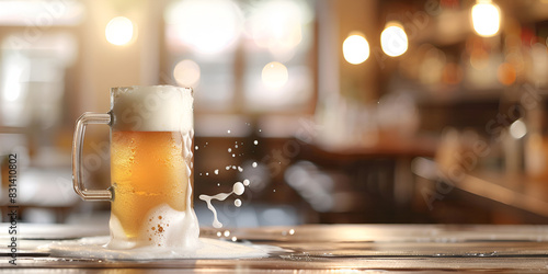 A mug of beer sits on a wooden table in a bar bokeh effect photo