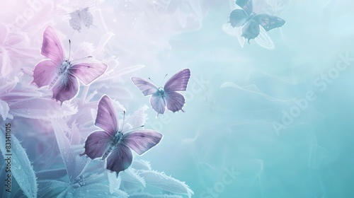 A background of frosted lilac and pale turquoise with abstract butterflies, appearing as if they are emerging from a misty morning fog.