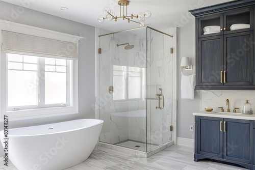 A white and navy blue bathroom with a large white marble tub and a large rain head shower-head