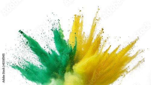 Yellow and green explosion smoke of holi paint color powder isolated on transparent or white background