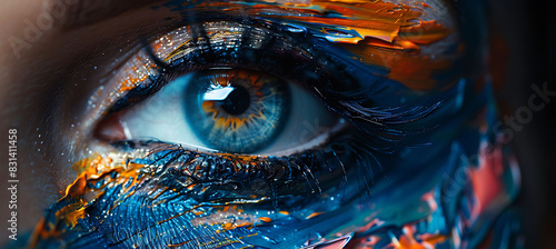 closeup of abstract expressionist painting featuring bold swirling brush strokes vibrant colors Macro Photography and RealTime Eye AF highlight the intricate details and emotional depth of the piece