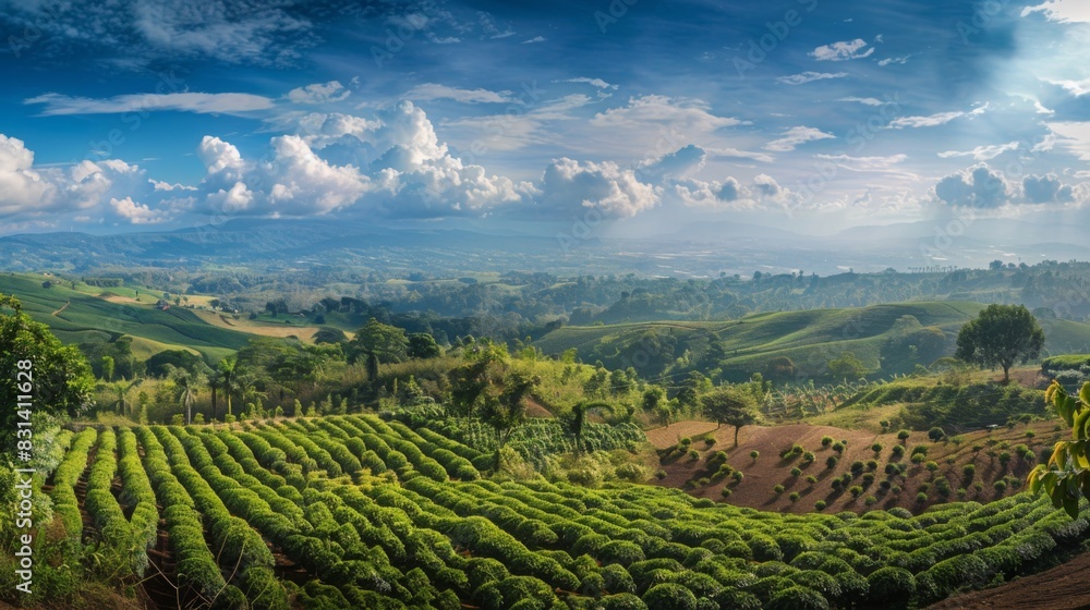 Vibrant tea plantations spread across rolling hills under a bright sunny sky, surrounded by lush greenery and distant mountains.