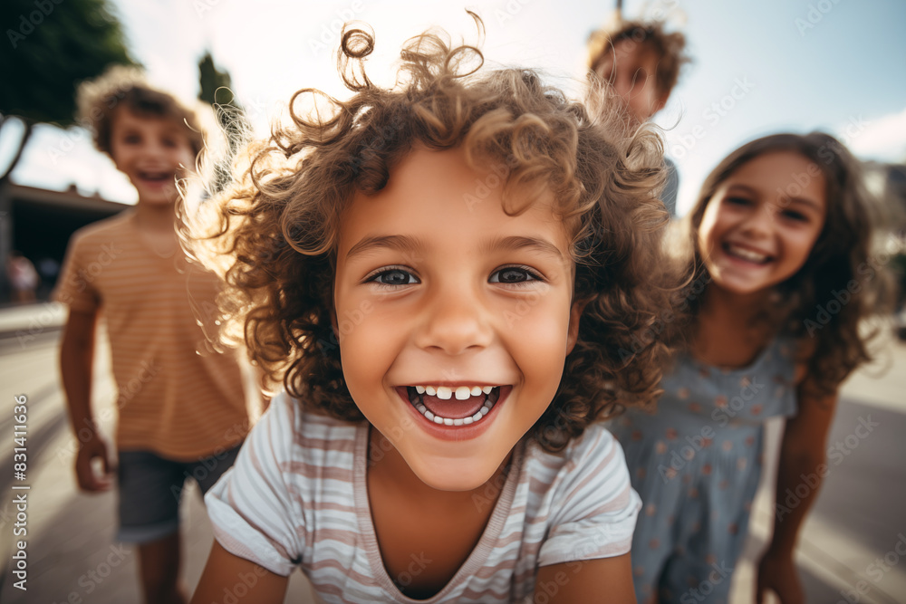 Happy smiling kids taking selfies portrait on sunny summer day Happy smiling kids taking selfies portrait on sunny summer day