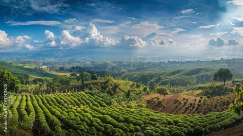 Vibrant tea plantations spread across rolling hills under a bright sunny sky, surrounded by lush greenery and distant mountains.