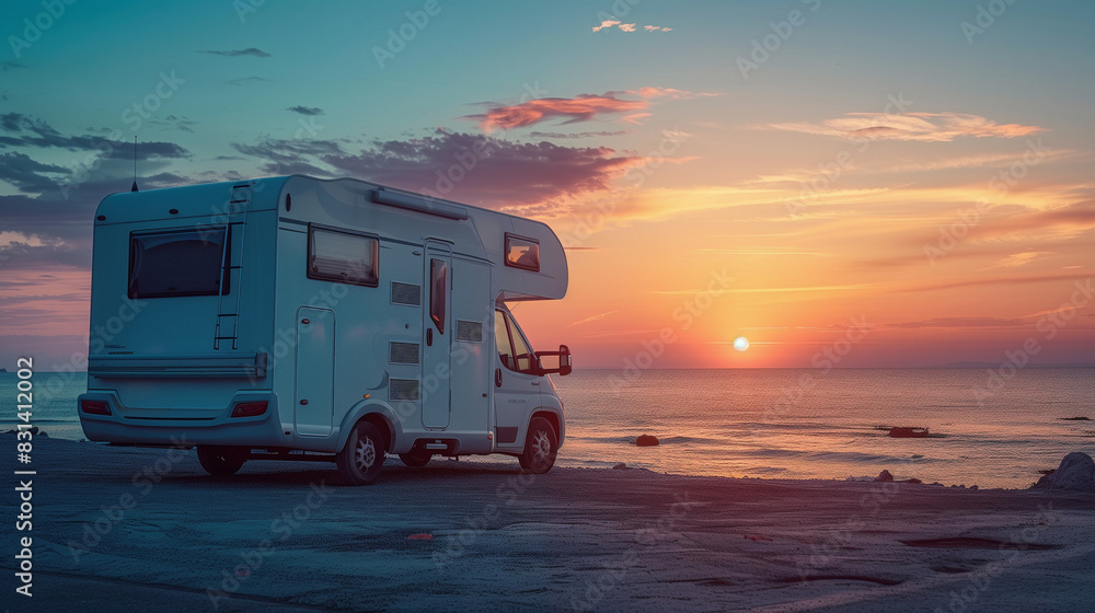 A white camper van is parked on the beach at sunset A white camper van is parked on the beach at sunset