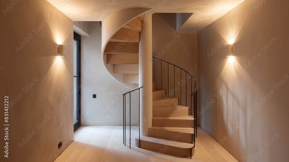 Obraz premium Compact spiral staircase in a modern loft, combining wooden treads with a streamlined iron handrail.