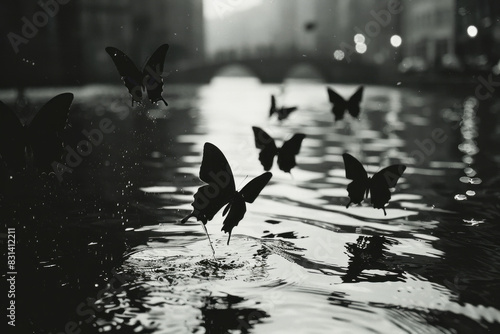 Butterfly silhouettes creating a pedestrian crossing on a bridge over a tranquil river, photo
