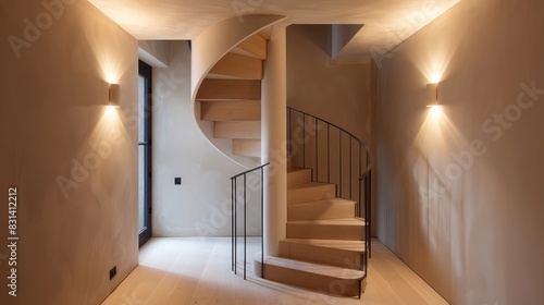 Compact spiral staircase in a modern loft  combining wooden treads with a streamlined iron handrail.