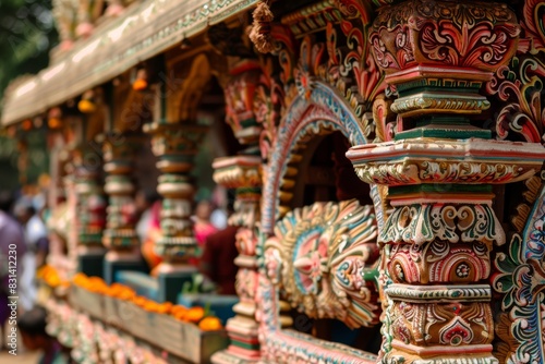 Intricately Carved Rath Yatra Chariot with Vibrant Colors and Devotees Pulling Ropes - Traditional Festival Scene for Cultural Celebration Posters