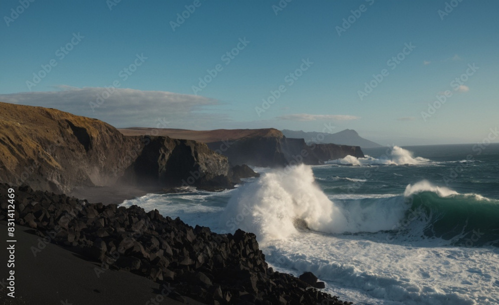 Dramatic Coastal Scene with Powerful Waves Crashing Against Volcanic Rocks Under a Clear Sky