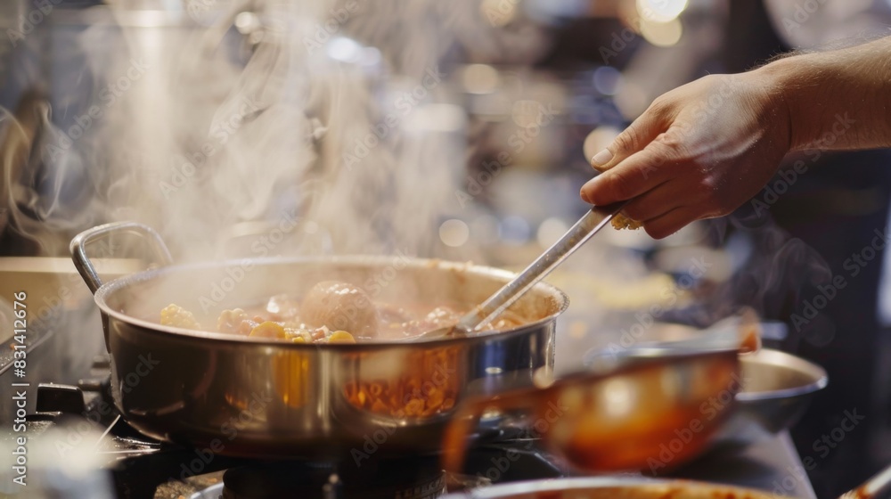 Chef stirring a steaming pot of soup on the stove, infusing flavors and aromas into the hearty dish Chef stirring a steaming pot of soup on the stove, infusing flavors and aromas into the hearty dish