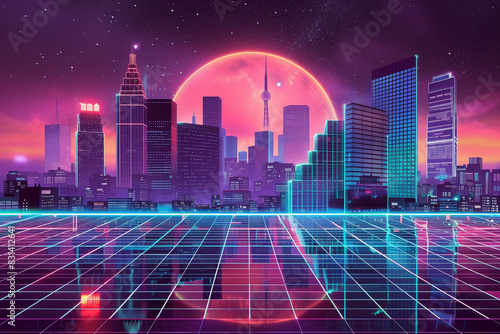 1980s-inspired cityscape at night, with neon lights and retro-futuristic architecture, rendered in hyper-realistic detail.