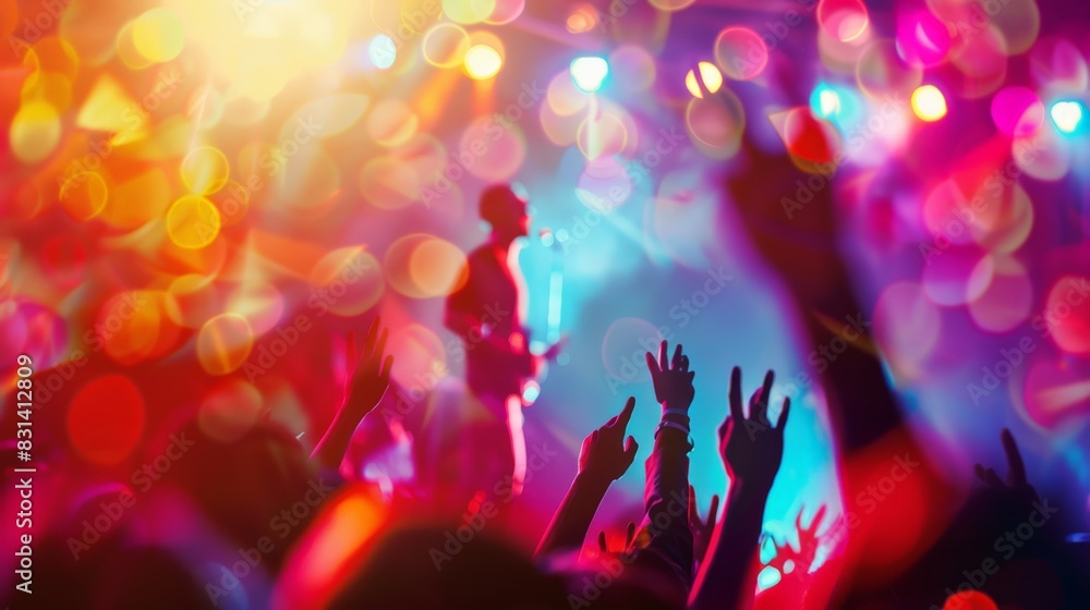 Lively concert with audience raising their hands under vibrant, colorful lights. Energetic music festival atmosphere. Lively concert with audience raising their hands under vibrant, colorful lights. Energetic music festival atmosphere.