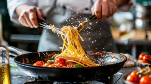 Chef tossing pasta in a pan with tomato sauce and fresh basil, creating a mouthwatering Italian dish for pasta lovers photo