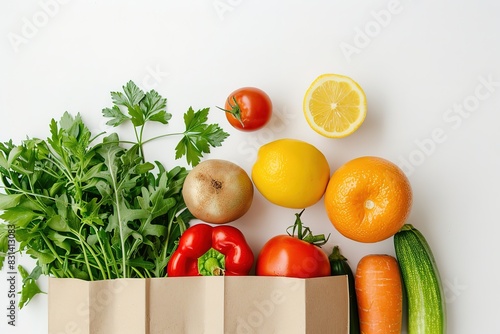 Top view of a paper bag with fresh vegetables and fruits isolated on a white background in a flat lay