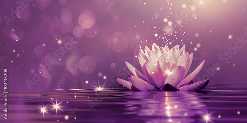 Glowing Lotus Flower on Purple Background: Elegant Minimalistic Design with Sparkles, Stars, and Text Space - Dreamy Atmosphere, Soft Lighting, Water Reflections, High-Resolution Studio Photography photo