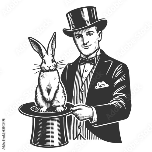 vintage magician holding a rabbit and a magic wand sketch engraving generative ai fictional character vector illustration. Scratch board imitation. Black and white image.
