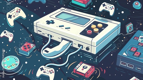 A cartoon-style illustration of a retro gaming console with a joystick, surrounded by floating game icons and nostalgic 80s graphics