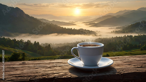 Warm morning coffee on a table with a view of the sunrise over a misty mountain range
