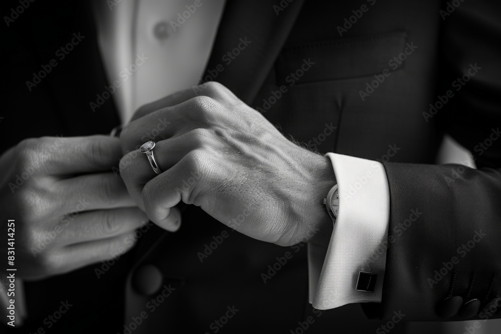 Close-up of a mans hands with a ring, adjusting elegant cufflinks on a suit sleeve, capturing a refined and sophisticated moment.