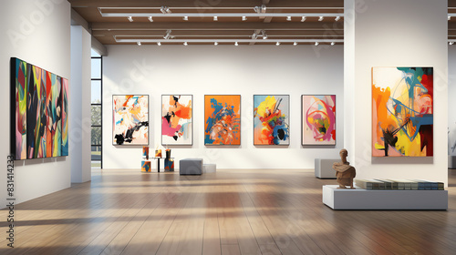 An art gallery with colorful abstract paintings on the walls and a sculpture in the foreground.