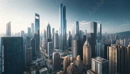A bustling city skyline during the day with numerous modern skyscrapers. The tallest building is centrally located and stands out with its sleek