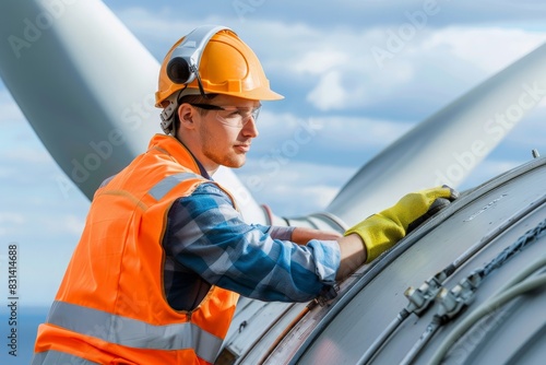 An engineer attentively checks the nacelle of a wind turbine, showcasing dedication to sustainable energy solutions on a bright, clear day.