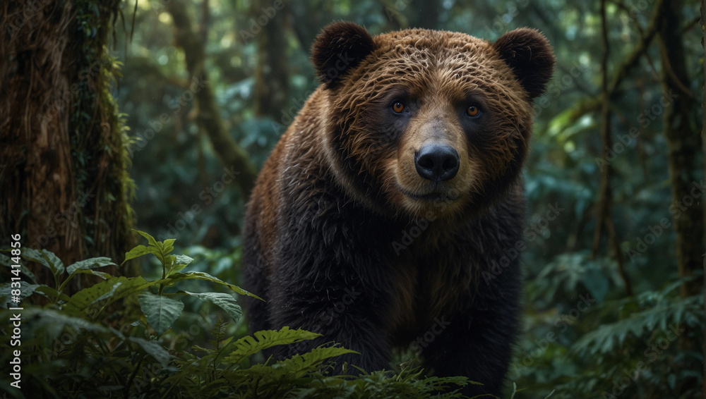 Beautiful ecosystem green deep jungles rainforest, big brown bear, environment protection Beautiful ecosystem green deep jungles rainforest, big brown bear, environment protection