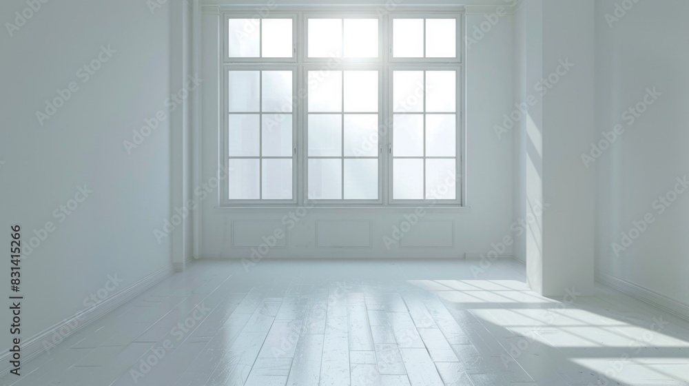A large room with three windows and a white wall. The room is empty and has a very clean and bright appearance