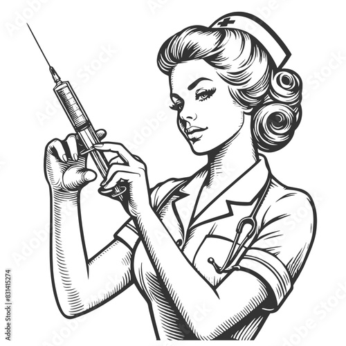 nurse with an eye patch holding syringe and medicine bottle vintage healthcare sketch engraving generative ai fictional character vector illustration. Scratch board imitation. Black and white image.