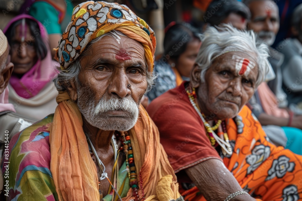 Elderly Couple in Traditional Attire Observing Rath Yatra Procession - Cultural Devotion and Serenity Elderly Couple in Traditional Attire Observing Rath Yatra Procession - Cultural Devotion and Serenity