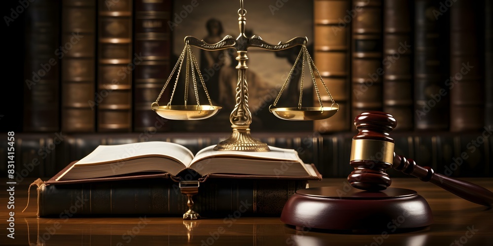 Picture symbol of justice with golden scales gavel and law books. Concept Law, Justice, Legal System, Courtroom, Gavel