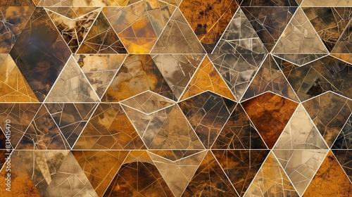 A geometric mosaic pattern with interlocking triangles and hexagons in earthy tones, creating a warm and inviting visual effect photo