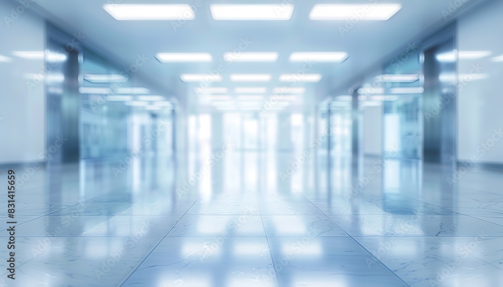 Panoramic image of a spacious office or mall hallway, beautiful light blue blurred background. Elegant workspace vista, expansive corridor view. Office ambiance, commercial building interior. 