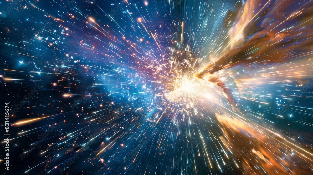 Close-up of a shooting star bursting into fragments as it enters Earth's atmosphere, creating a dazzling display of light and color Close-up of a shooting star bursting into fragments as it enters Earth's atmosphere, creating a dazzling display of light and color
