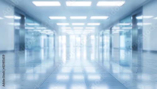 Panoramic image of a spacious office or mall hallway, beautiful light blue blurred background. Elegant workspace vista, expansive corridor view. Office ambiance, commercial building interior. 