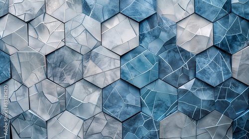 A high-definition wallpaper showcasing a geometric mosaic with tessellating octagons in shades of blue and grey, creating a modern and calming aesthetic photo