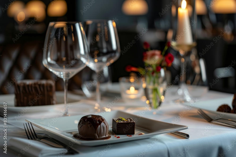 Obraz premium Elegant Chocolate Tasting Menu with Wine Pairings in Upscale Dining Setting