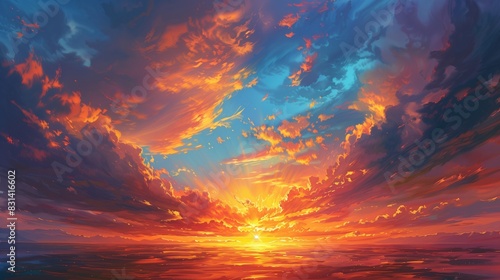 A high-resolution image of a sunset oil painting with dramatic clouds and a glowing horizon, capturing the beauty and intensity of a setting sun