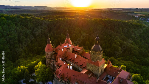 aerial view of księż castle in wałbrzych at sunset in spring in poland