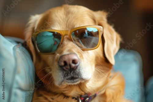 Closeup of a golden retriever dog with cool sunglasses reflecting summer vibes