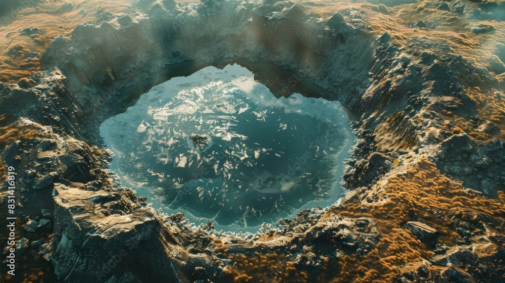Close-up of a volcanic crater lake shimmering in the sunlight, formed within the caldera of an ancient volcano, a serene oasis amidst rugged terrain Close-up of a volcanic crater lake shimmering in the sunlight, formed within the caldera of an ancient volcano, a serene oasis amidst rugged terrain