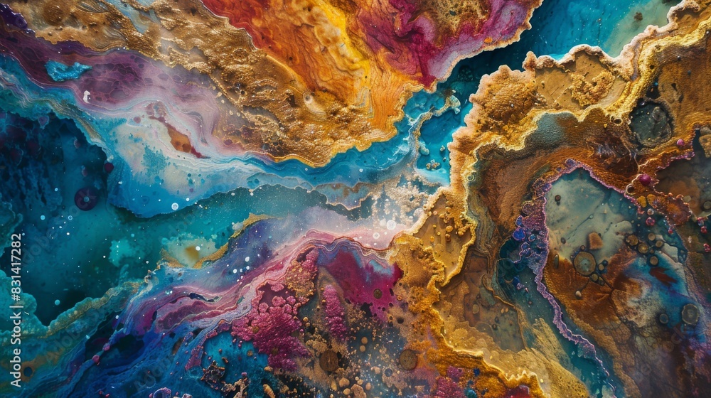Naklejka premium Close-up of colorful mineral deposits and hot springs formed by volcanic activity, creating otherworldly landscapes of vibrant hues and steamy pools