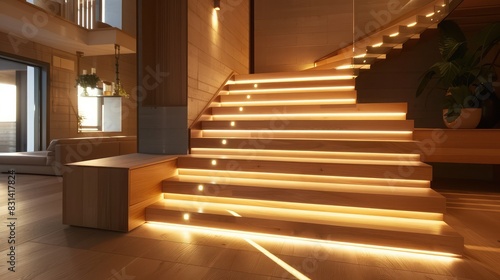 Modern home with a wooden staircase  featuring LED lights under each step for a soft glow.