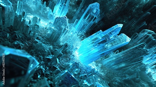 Neon light blue abstract background or screensaver for PC made of crystals. Generative AI.
