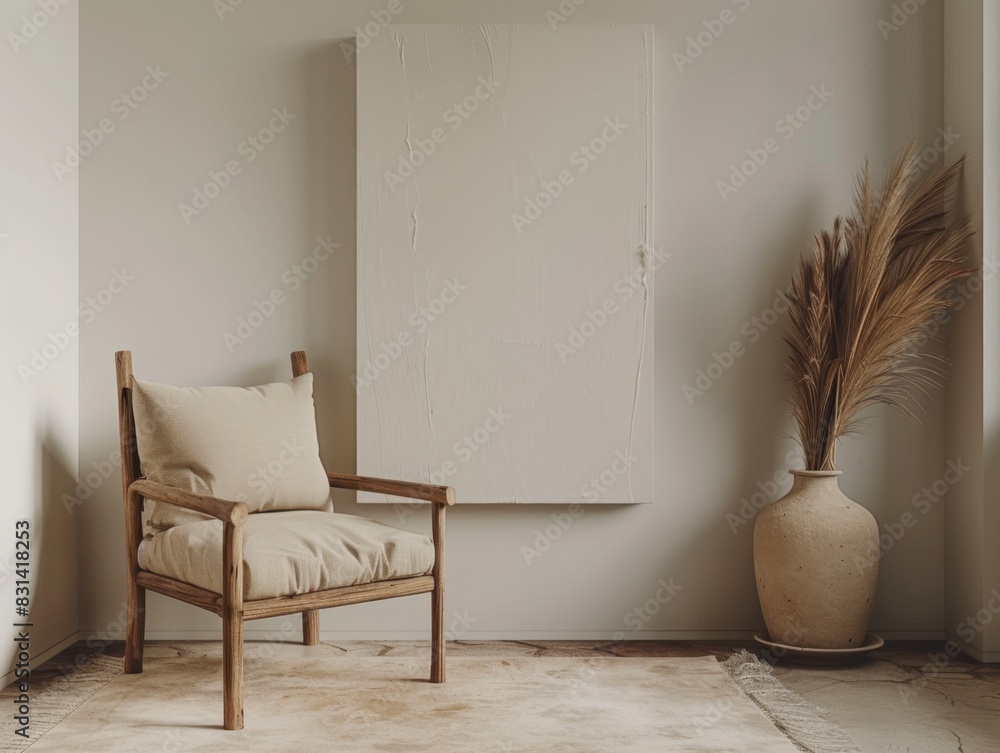 A white chair sits in front of a white wall with a large white picture hanging on it. The chair is empty and the room is sparsely decorated. Scene is calm and peaceful, with the chair A white chair sits in front of a white wall with a large white picture hanging on it. The chair is empty and the room is sparsely decorated. Scene is calm and peaceful, with the chair