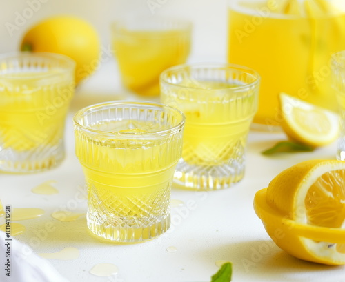 Small glasses filled with a cold lemon drink