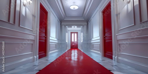 red door with windows at the end of a red carpeted hallway hallway is lined with red paneling and the door is slightly ajar, allowing sunlight to stream in