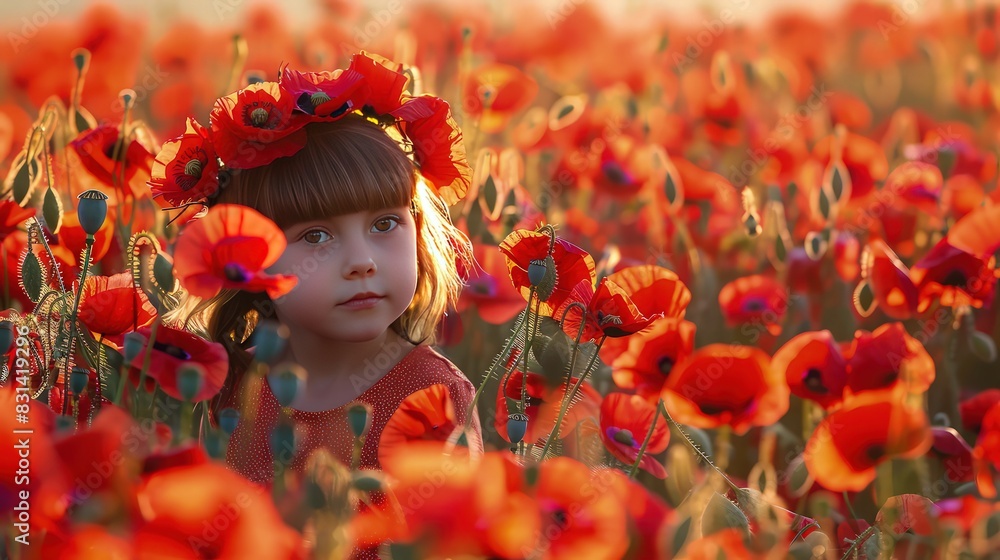 A child in a field of bright red poppies, wearing a matching red poppy crown, the late afternoon sun enhancing the vivid reds of the flowers and her crown. A child in a field of bright red poppies, wearing a matching red poppy crown, the late afternoon sun enhancing the vivid reds of the flowers and her crown.